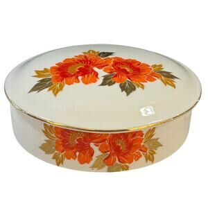 Vintage Otagiri round trinket vanity box with lid orange blooms